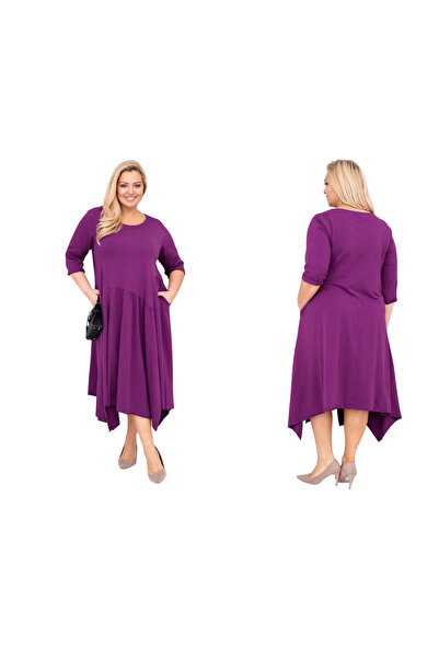 Kesi Rochie asimetrică din bumbac violet închis, mărime plus, cu buzunare