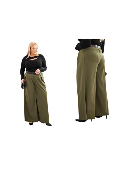 Kesi Pantaloni largi kaki pentru femei, mărime mare, cu curea