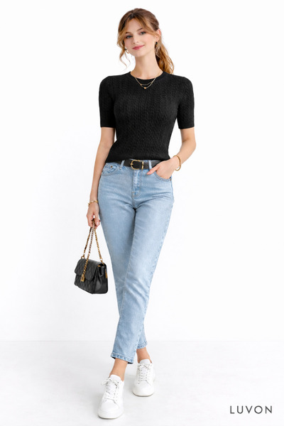 LUVON zarafet güvenle başlar Μαύρο κοντομάνικο γυναικείο φούτερ με λαιμόκοψη ...