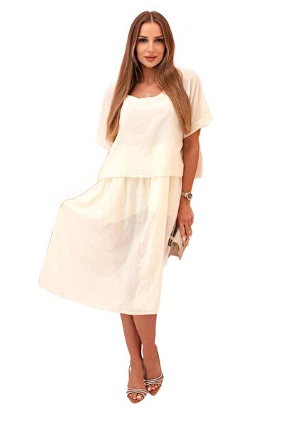 Kesi Żółta sukienka damska luźna midi z krótkim rękawem z bawełny