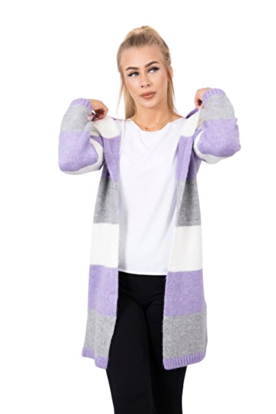 Kesi Sweter w pasy trzykolorowy ecru+fioletowy+szary