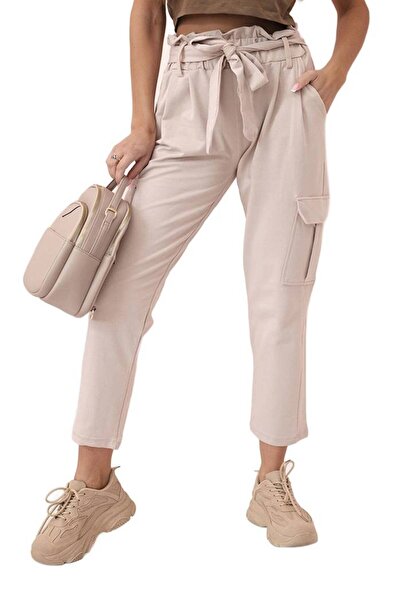 Kesi Pantaloni cargo bej pentru femei, cu talie legată și buzunare