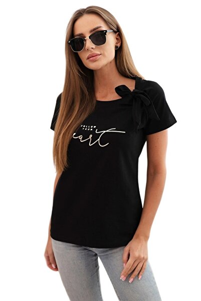 Kesi Bluzka damska bawełniana z kokardą na ramieniu i nadrukiem czarna