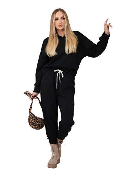 Kesi Set din viscoză Hanorac cu glugă + Pantaloni Negru