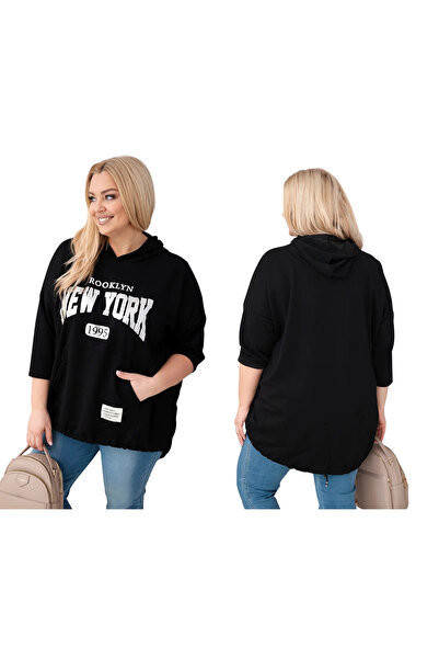 Kesi Hanorac negru pentru femei, mărime mare, cu imprimeu NEW YORK