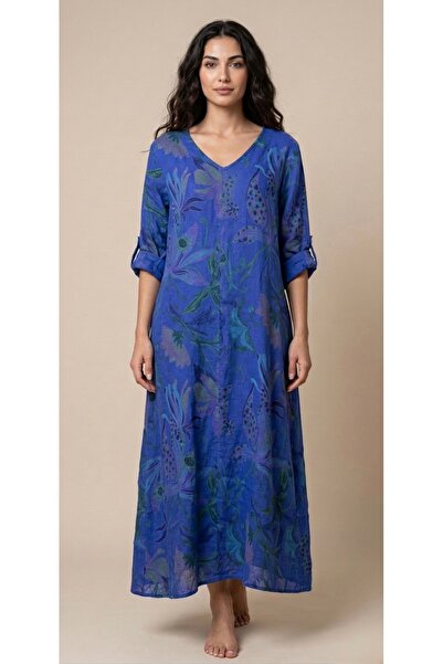 Rabiossa Kadın Desenli İtalyan Keten Oversize Maksi Boy Elbise