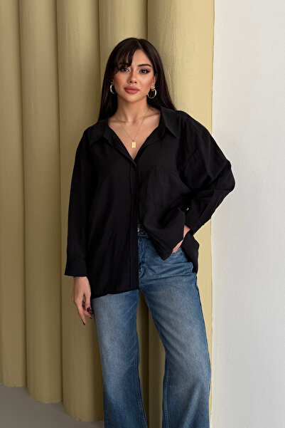 Mogi Butik Oversized Pocketed Basic Long-Sleeve Woven Women's Shirt 3181