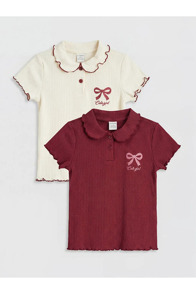 LC Waikiki LCW Kids Claret Red Polo Guler cu imprimeu Tricou pentru fete mate...