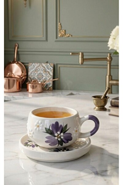 evinbizden MOR ÇİÇEK DESENLİ EL YAPIMI DEKORLU TABAKLI KUPA / FİNCAN SERAMİK ...