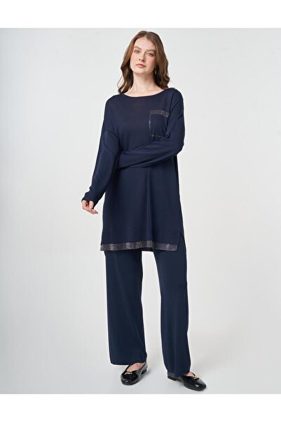 Kayra Hotfix Printed Knitwear Tunic Dark Navy Blue