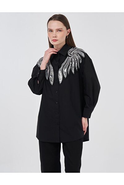 Kayra 100% Cotton Thread Sequin and Pearl Embroidered Tunic Black
