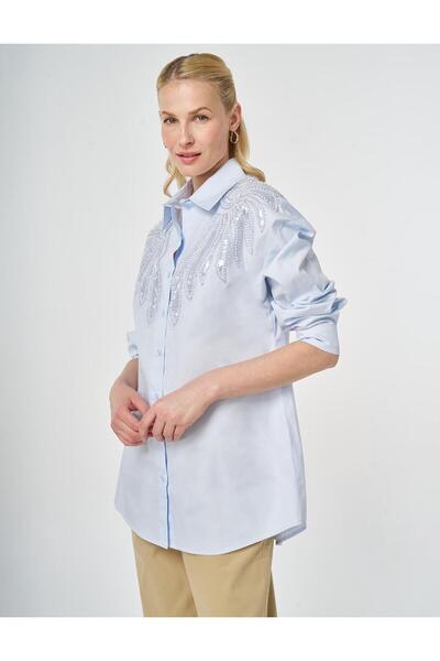 Kayra 100% Cotton Sequin and Pearl Embroidered Tunic Blue