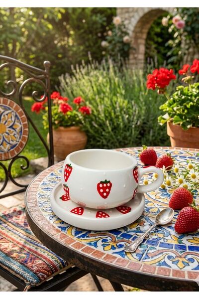evinbizden ÇİLEK DEKORLU EL YAPIMI TABAKLI KUPA /FİNCAN / MUG SERAMİK MODEL
