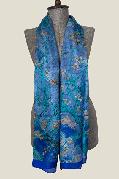 Pure Silk Atelier %100 Saf İpek Van Gogh Badem Çiçeği Desenli Lüks Fular - Sa...