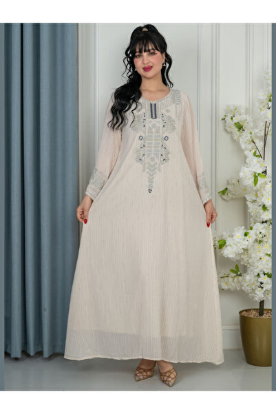 Nice Model Elegant Striped Cotton Jalabiya with Silver Embroidery Modest Long...