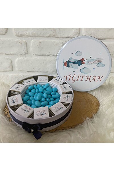 Sweet Story 100 Adet+200 Gr Drajeli Uçak Temalı İsme Özel Hoşgeldin Erkek Beb...
