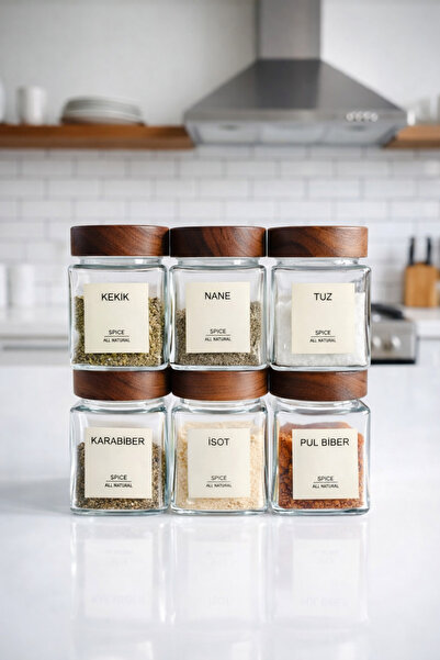 Paşabahçe 6’lı Kare Akasya Kapaklı Cam Kavanoz Baharatlık Seti –300 ml- 12 Ad...