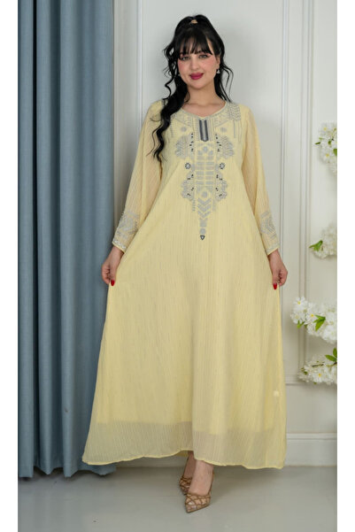 TREN Luxury Yellow Jalabiya featuring Silver Geometric Patterns, Wide Sleeves...