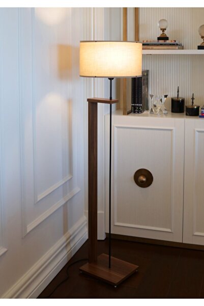 Allians Modern Vizon Kumaş Başlıklı Ahşap Gövdeli Şık Lambader