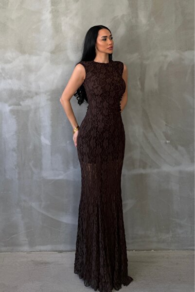 OKSOCOLLECTİON Kahverengi İçi Astarlı Dantel Elbise