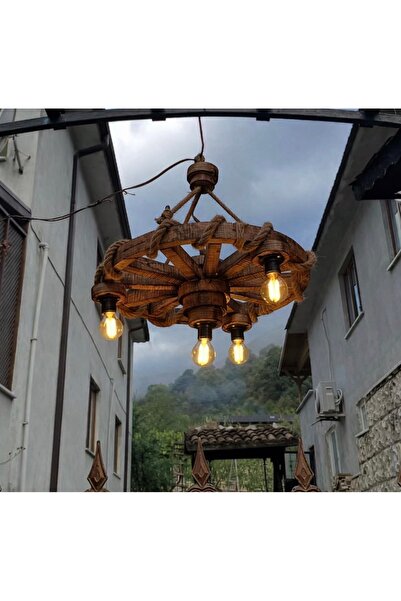 Mutluhan Desing El Yapımı Ahşap Tekerlek Avize 5’li Halat Detaylı Rustik Deko...