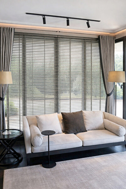 N.Luxury Açık Gri 50mm %100 Gerçek Ahşap Jaluzi Perde Redüktörlü Zincir Mekan...