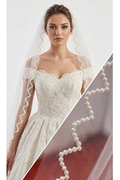 glapa Boncuk İşlemeli Gelin Duvağı 190x150 cm Kırık Beyaz