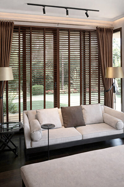 N.Luxury Koyu Ceviz 50mm %100 Gerçek Ahşap Jaluzi Perde Redüktörlü Zincir Mek...