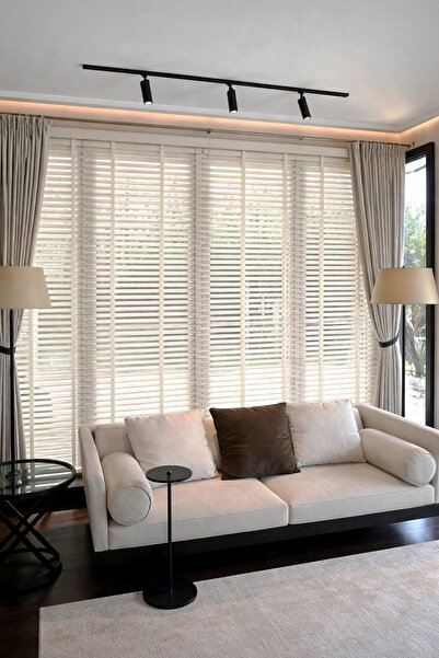 N.Luxury Beyaz 50mm %100 Gerçek Ahşap Jaluzi Perde Redüktörlü Zincir Mekanizm...