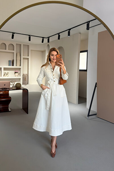 Sezgi Tekin Rochie Ecru Bell denim cu detaliu cusut