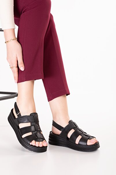 Gondol Genuine Leather Comfort Sole Comfortable Daily Sandals Irm.112 Black