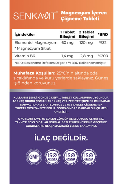 senkavit Kids Magnezyum Sitrat ve B6 İçeren 60 Çiğneme Tableti