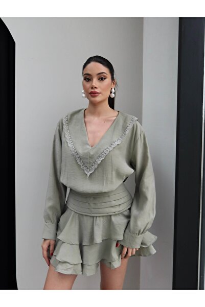 ESRAHELVACI Lace Striped Ruffle Mini Dress with Shorts