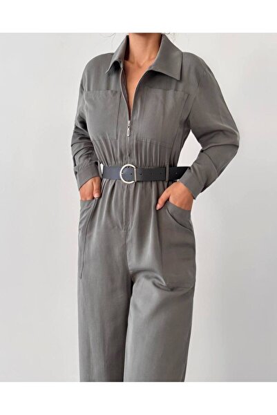MİSSCİXFASHİON Women's Belted Zippered Shirt Collar Jumpsuit Dress