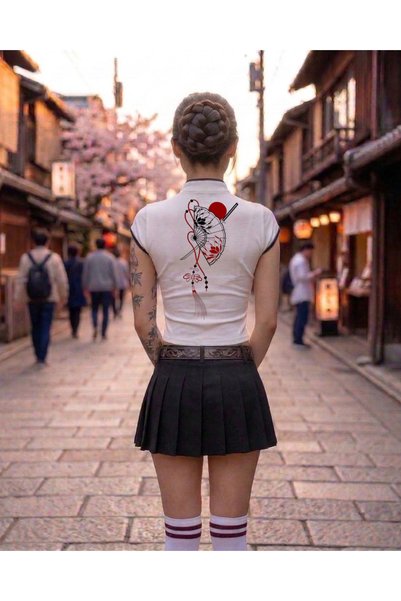 Toum Mandarin Collar China Motif Vintage Qipao Short Sleeve Cropped