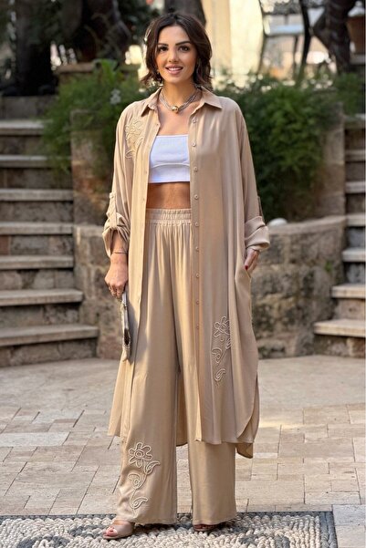 Nevin Kaya Moda V276 Cream Floral Embroidered Shirt Dress Pants Set