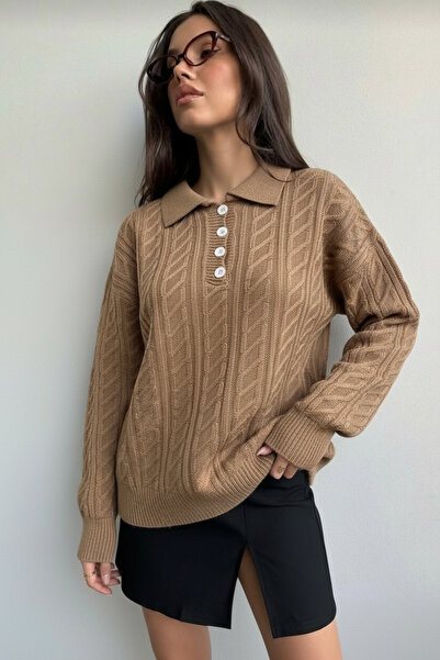 NEWCO Women's Buttoned Shirt Collar Hair Braided Knitwear Sweater Nl1N3-00