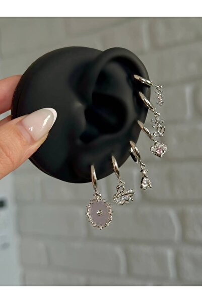 h&b design jewel Silver Pembe Taşlı Kuğu Detay 6 Lı Küpe Seti