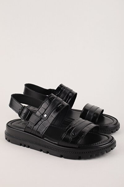 Gondol Men's Genuine Leather Daily Comfortable Sole Slipper Hkm.186 Black