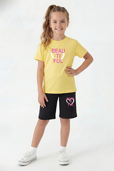 FYK KİDS Round Neck T-Shirt and Capri Pants Set with Print Detail for Girls
