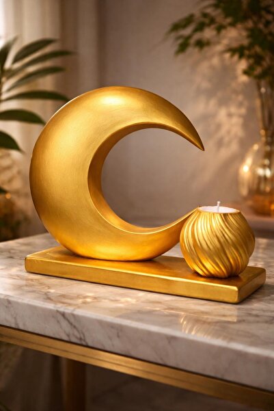 NOIREA CANDLES Altın Ay Figürlü Dekoratif Mumluk – Modern Salon Masa Dekoru