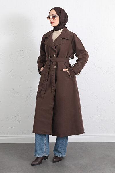 zhrcelebi Trench Coat with Back Pockets and Button Detail 5979 - Brown