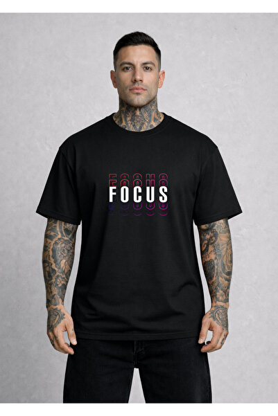VODEXA Tricou oversize pentru bărbați, cu imprimeu Focus, 100% bumbac, croial...
