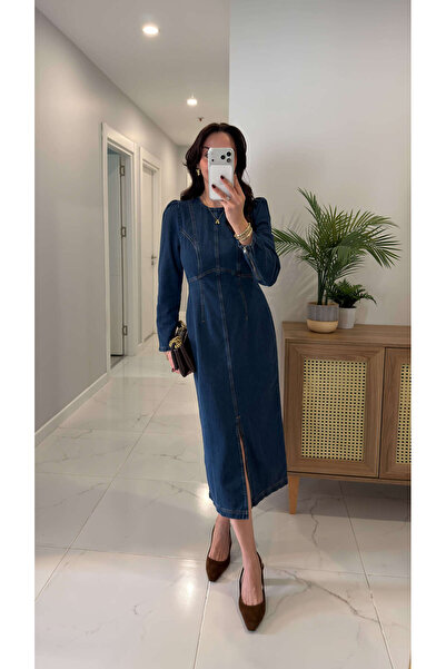 BİRCANÇİL Rahby Dark Blue Seam Detail Denim Dress
