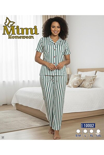 Mimi Homewear Green Striped Patterned White Pajama Set