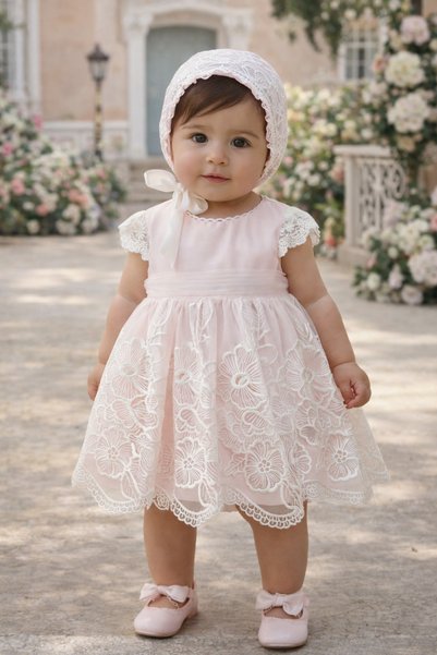 La reina petite Luxurious pink Lace dress for Eid and special occasions, complete with a hat.