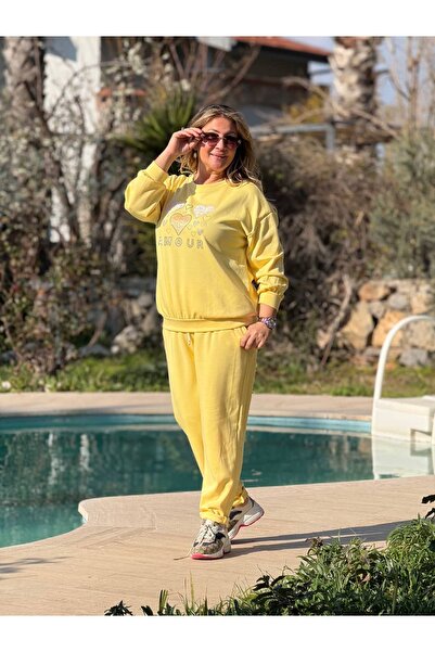 Punta Otantik Yg85414 Italian Amour Written Tracksuit Set Yellow