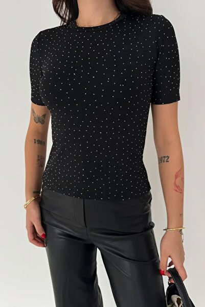 Cool & Sexy Women's Stone Detailed Short Sleeve T-Shirt Black