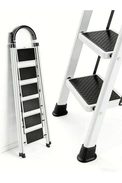 BESTONE سلم قابل للطي أبيض اللون بست درجات - قاعدة مانع للانزلاق للاستخدام ال...