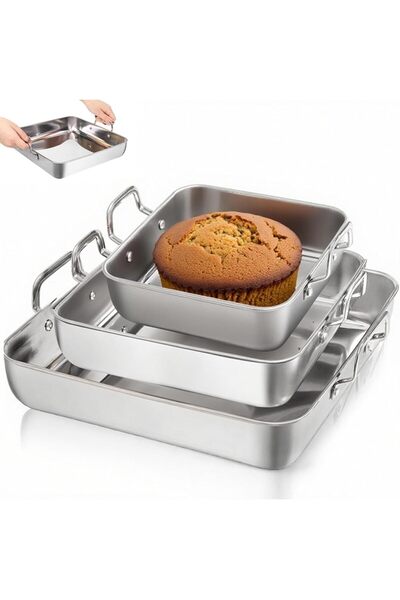 Arabest 3-Piece Square Cake Pan Set, Deep Stainless Steel Nonstick Bakeware f...